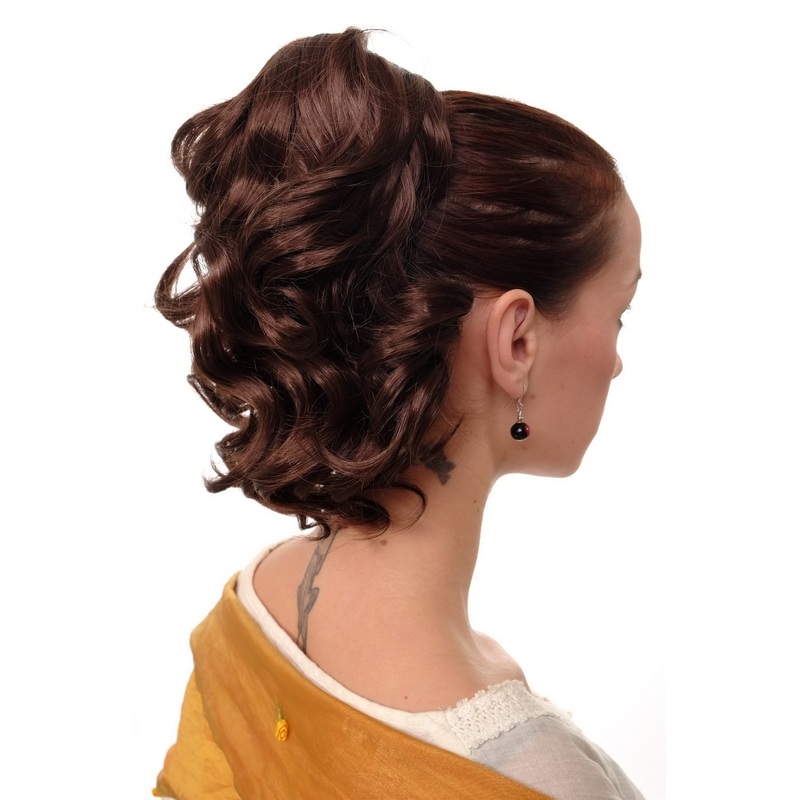 Hairpiece Ponytail comb draw string short wavy voluminous medium brown JL-3023