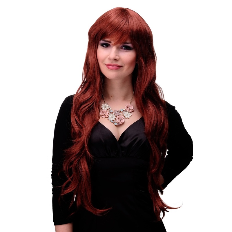 Lady women wig extremely long volume layered finge bangs dark copper red 6311