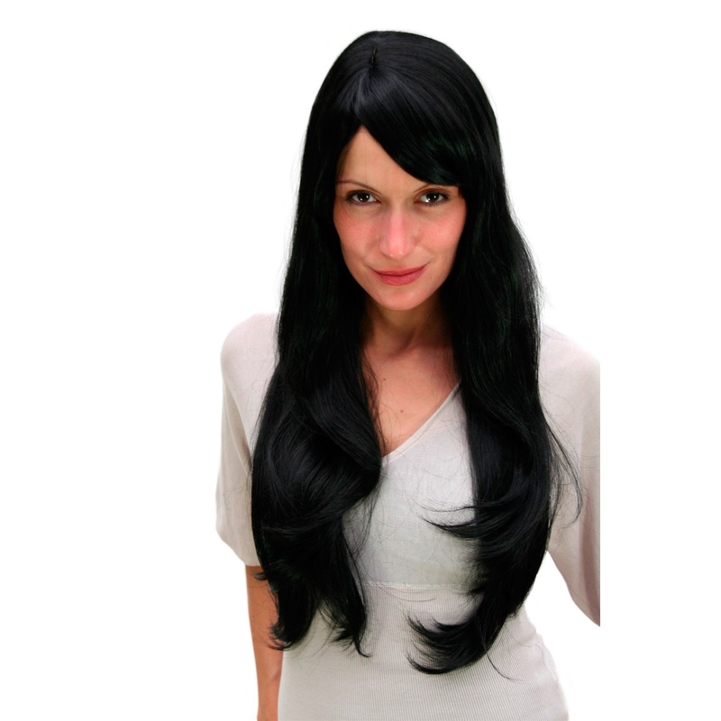 Lady women wig very long fringe can part to side straight black 3111
