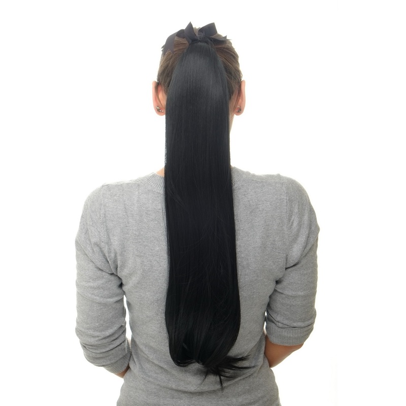 Hairpiece Ponytail comb & ribbon wrap-around long straight black D13001
