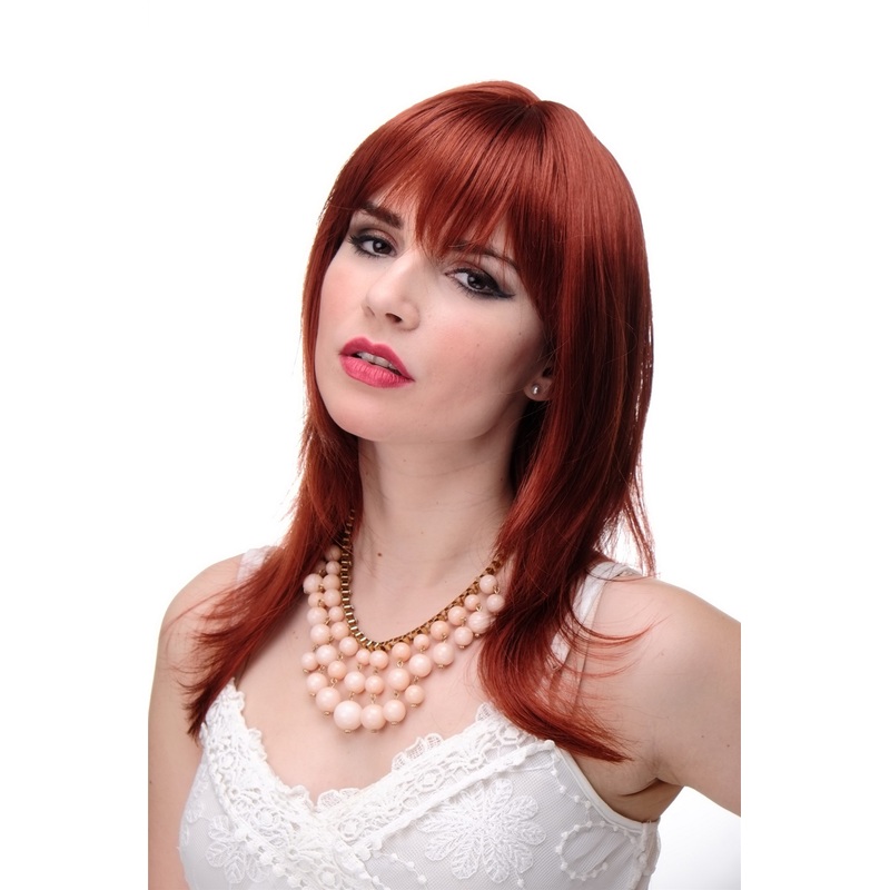 Lady wig medium length fringe parted side straight layered dark copper red 3003