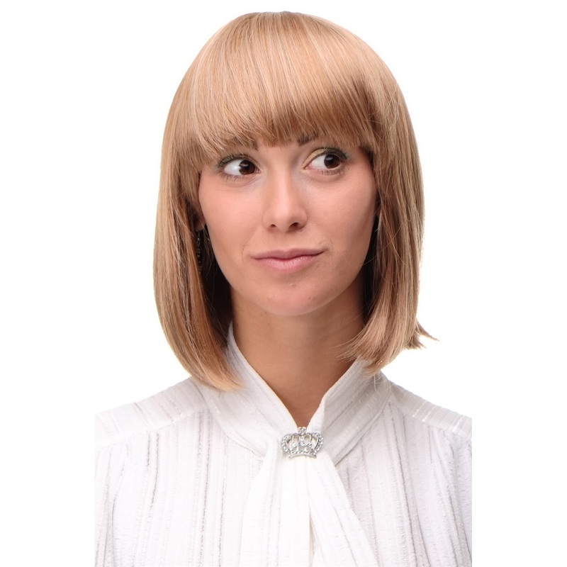 Lady women wig short straight Long Bob fringe bangs blonde platinum mix 7803