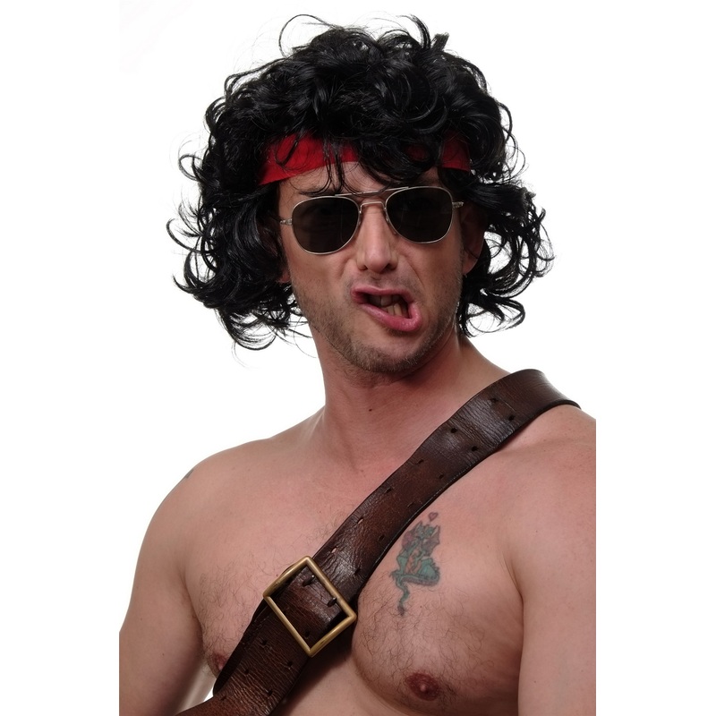 Party wig Halloween men mann curly black 80ies Action Hero Dance Instructor 3089