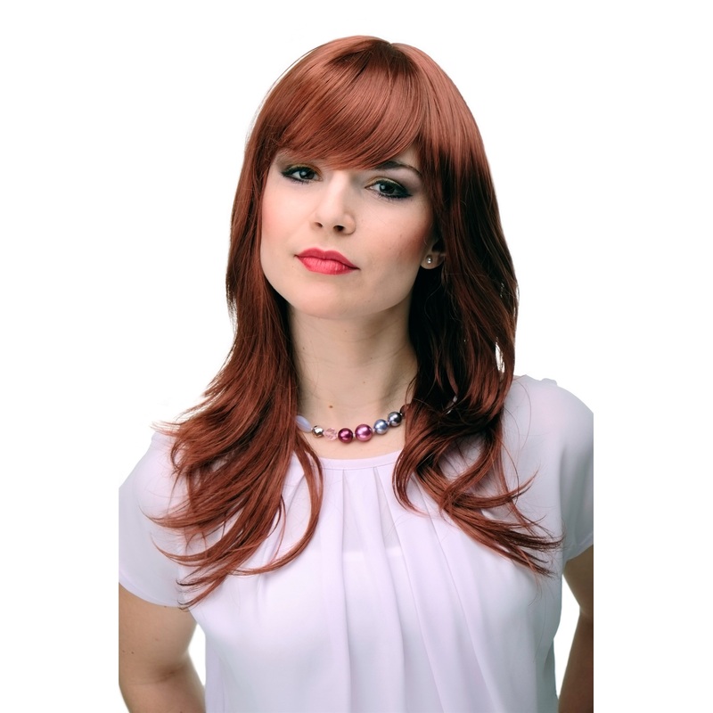 Lady wig dark copper red layered straight medium length fringe parted 4038