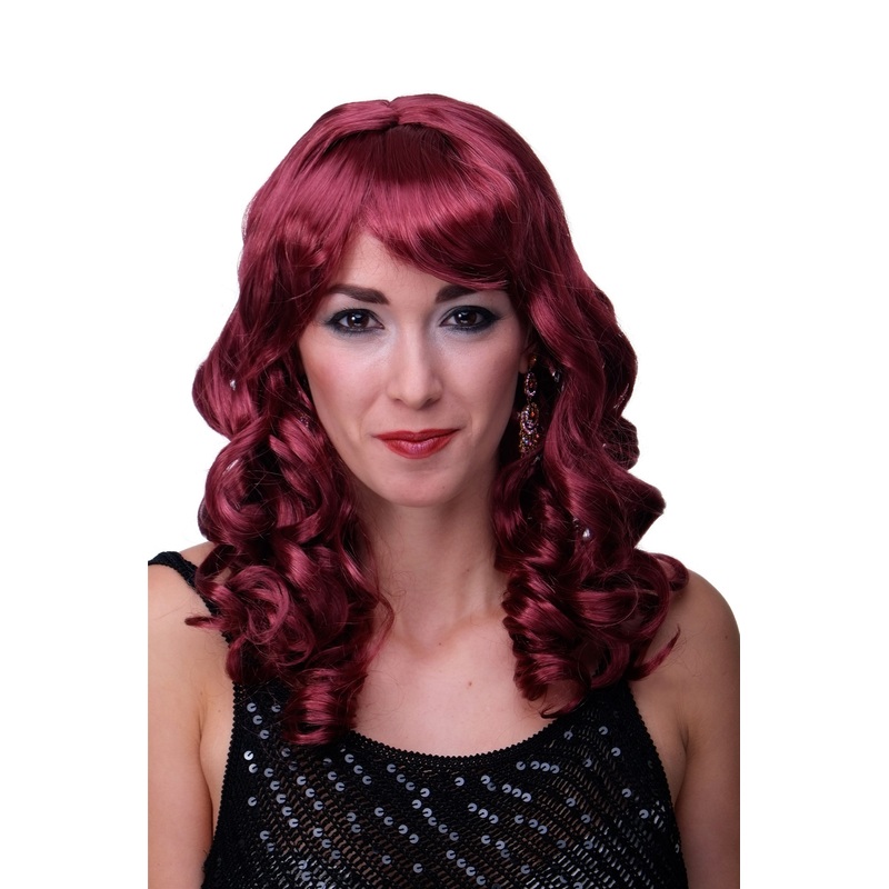 Lady Wig long garnet red fringe slightly curled Hollywood Diva Femme Fatale LM-142