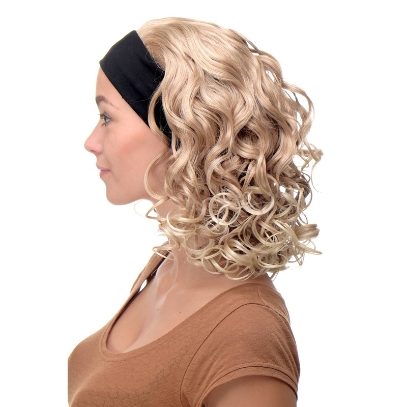 Lady wig on black head band medium long voluminous curled blond mix BRO-704