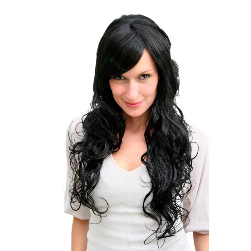 Lady women wig very long wavy curly tips wet-look side parting black 9669EL