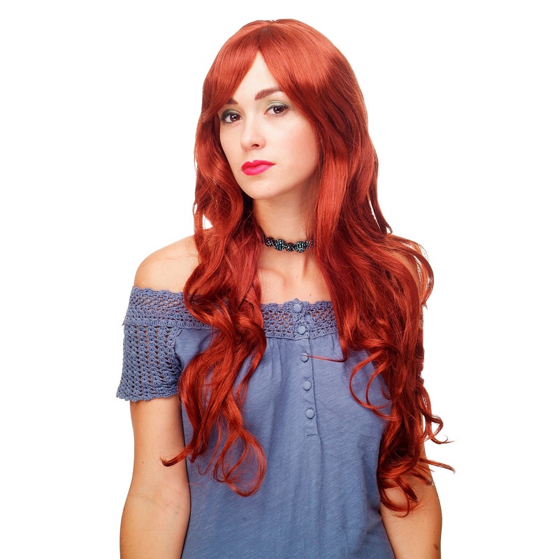 Lady women wig very long wavy long fringe for side parting dark copper red 9204S