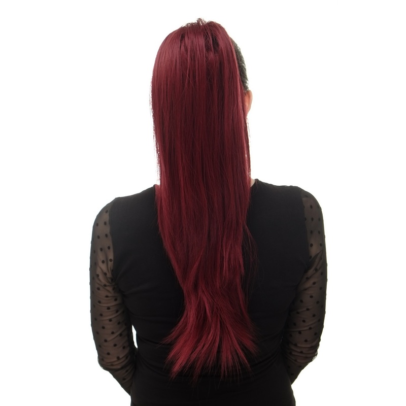 Ponytail clamp combs string straight voluminous very long burgundy red WK06