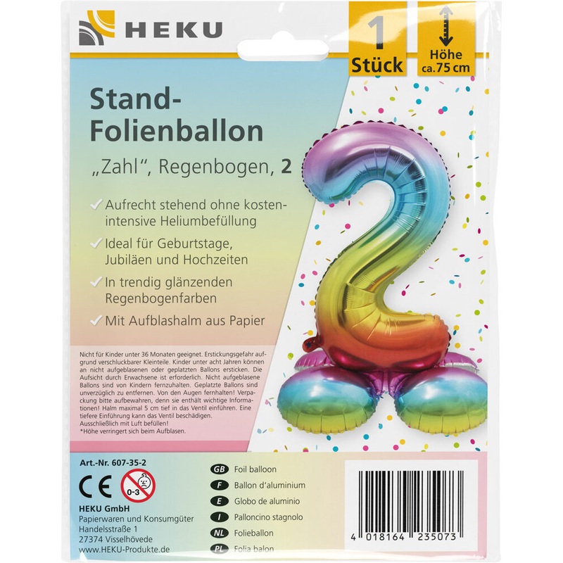 Stand Folienballon Regenbogen Zahl 2 75cm