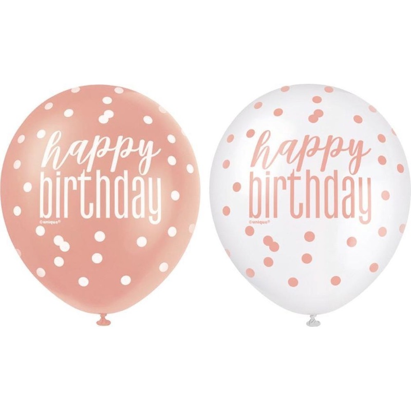 6 All Over Birthday Balloons Rose Gold 30cm