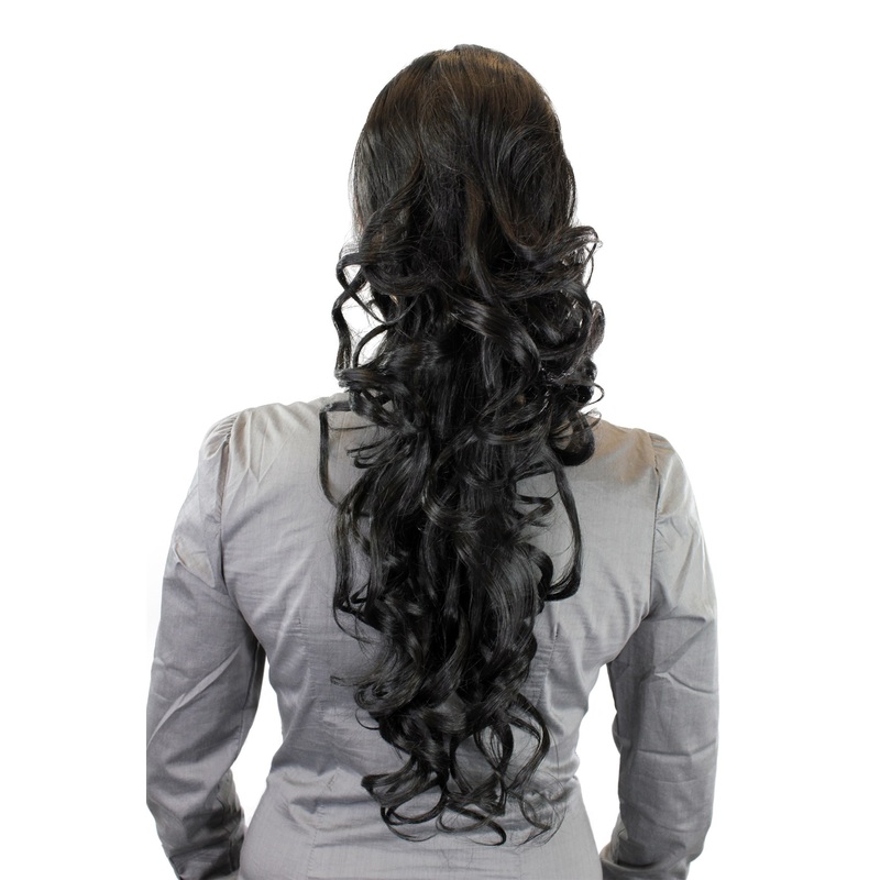 Hairpiece Ponytail clamp combs draw string long curled curls volume black WK08-1B