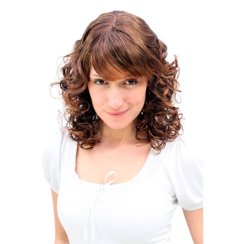 Cute Lady Wig Romantic Curls fringe parted shoulder length chestnut brown MC008