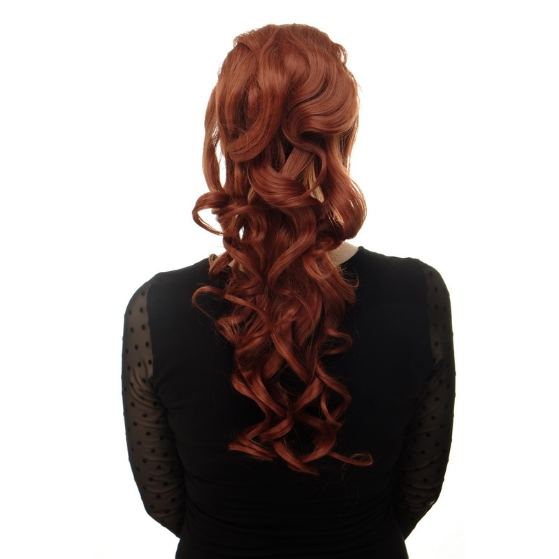 Hairpiece Ponytail combs & draw string curled curls very long dark copper red WK03-350