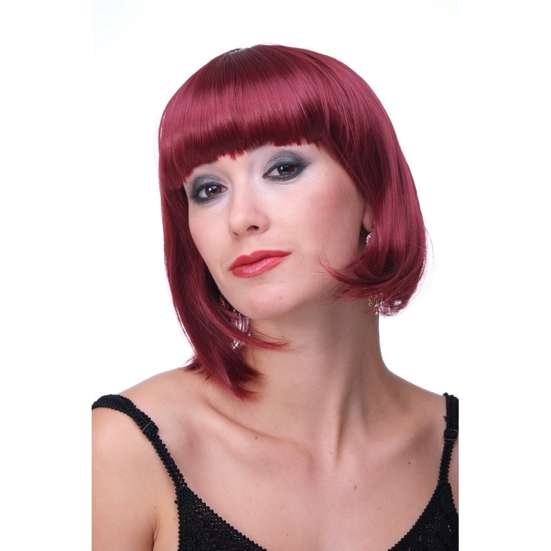 Party Halloween Disco lady women wig Bob fringe bangs short garnet red PW0114