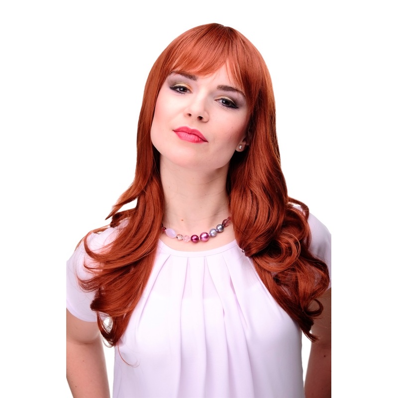 Lady women wig very long beautiful curling tips fringe bangs copper red 3001