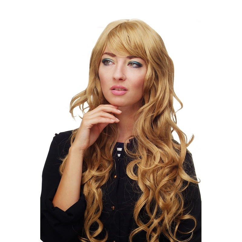 Lady women wig very long wavy long fringe for side parting gold blonde 9204S