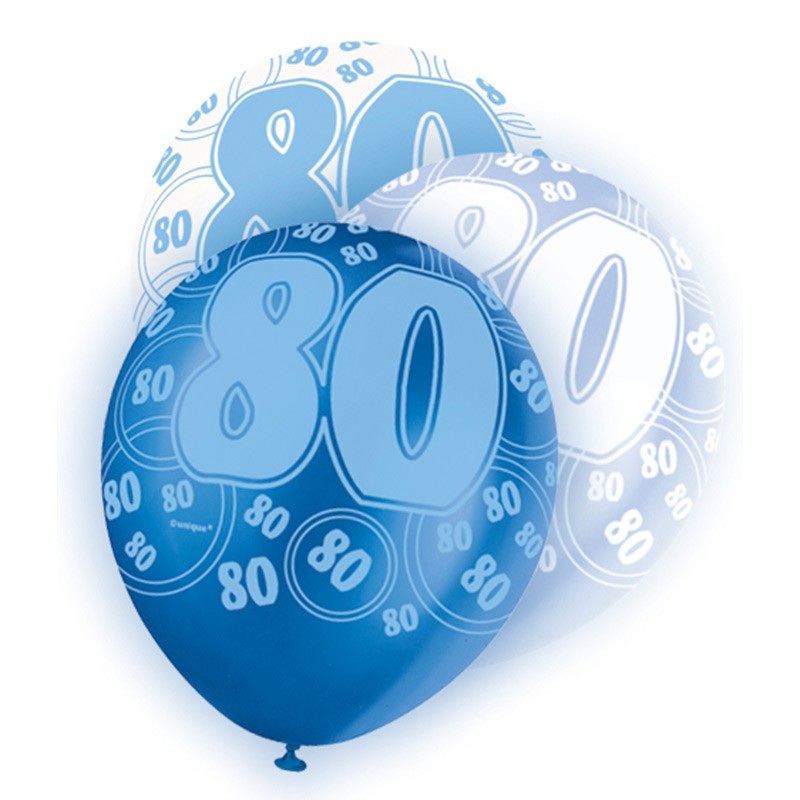 Mix of 6 80th birthday balloons blue