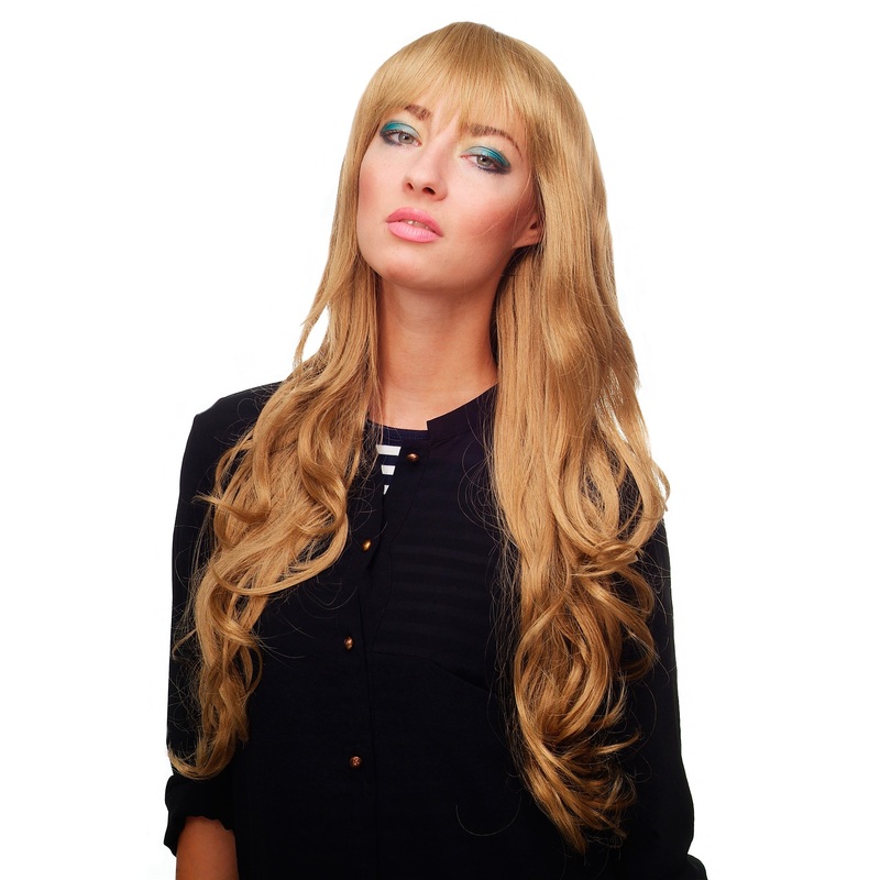 Lady women wig very long wavy fringe for side parting dark honey blond 9204S