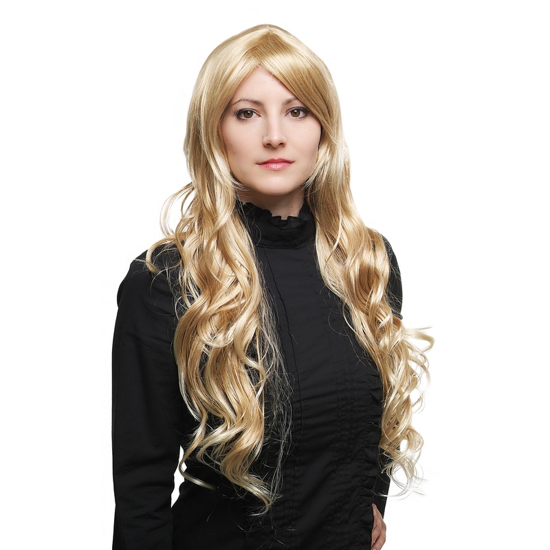 Lady women wig very long wavy waved side parting blond platinum highlights 9321L