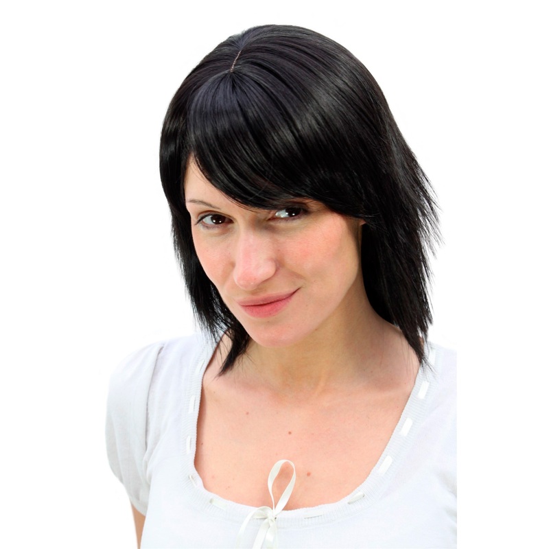 Lady women wig short straight layered frayed cut fringe off black 6078