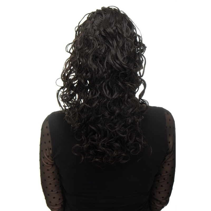 Hairpiece Ponytail combs & draw string long curls curled dark brown NC002-3