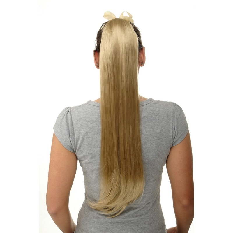 Hairpiece Ponytail comb & ribbon wrap-around long straight dark blonde D13001