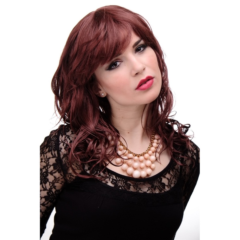 Lady women wig wavy slightly stringy wet look fringe bangs parted auburn 5019