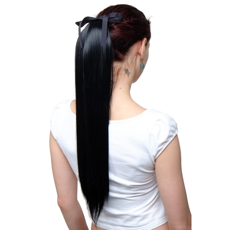 Ponytail comb & ribbon wrap-around hair extension long straight deep black C9429