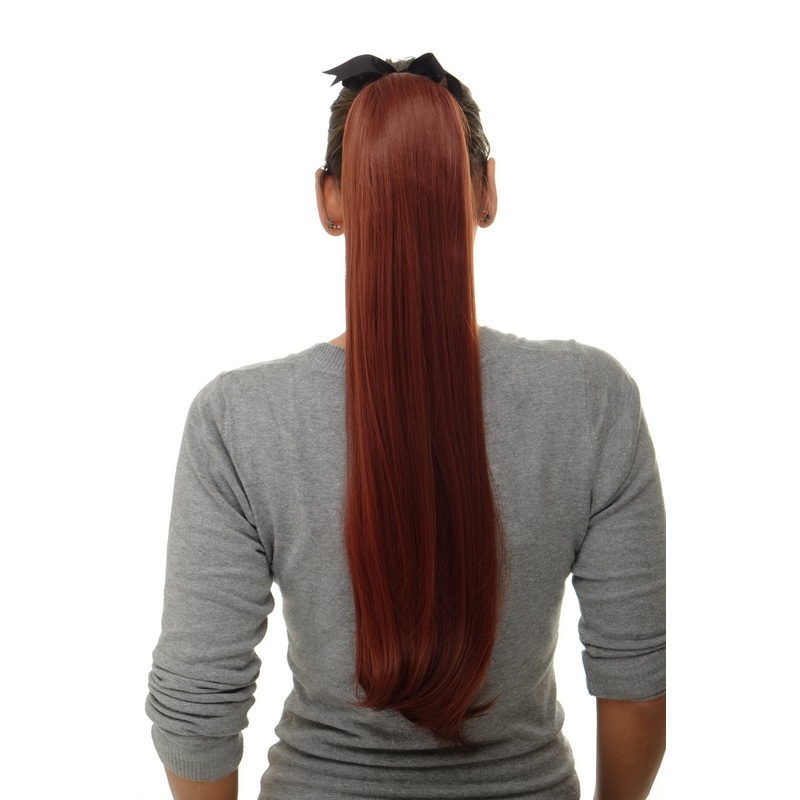 Hairpiece Ponytail comb ribbon wrap-around long straight dark auburn D13001