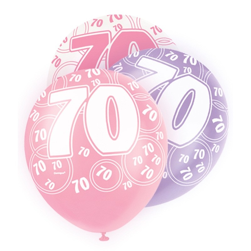 Mix of 6 70th birthday balloons pink 30m
