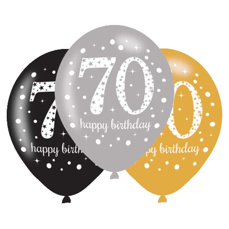 6 golden 70th birthday balloons 27.5cm