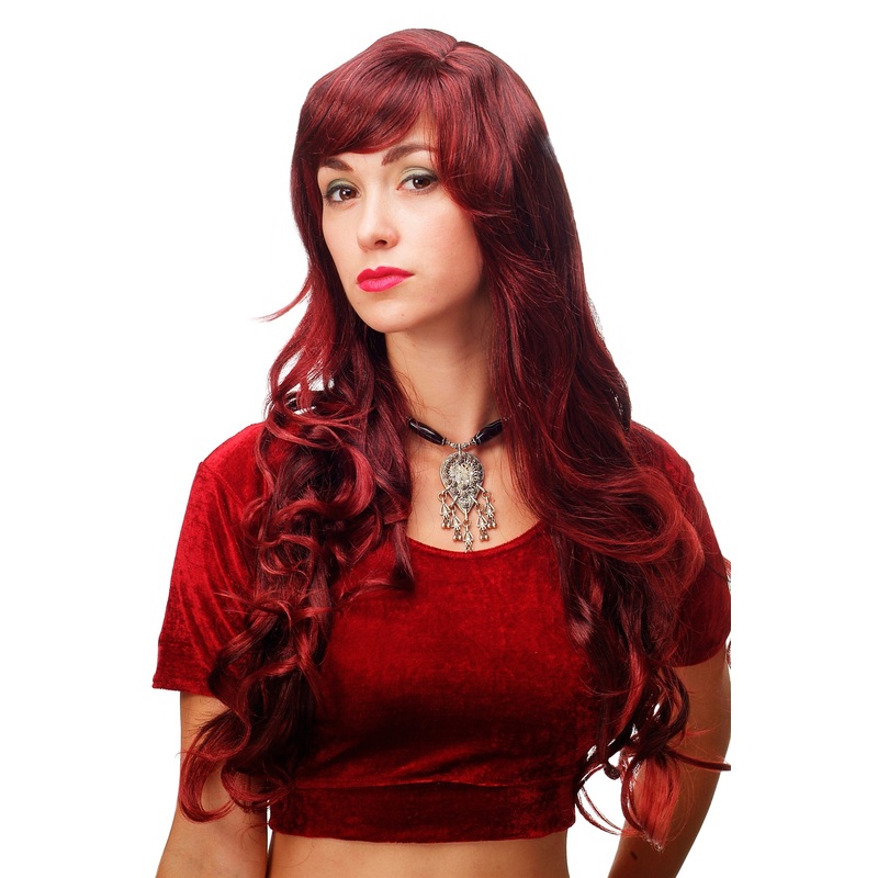 Lady women wig very long wavy fringe for side parting black red highlights 9204S