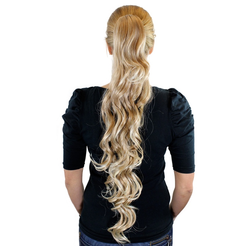 Ponytail Hairpiece very long waved wavy blond mix platinum highlights tips JL-4017