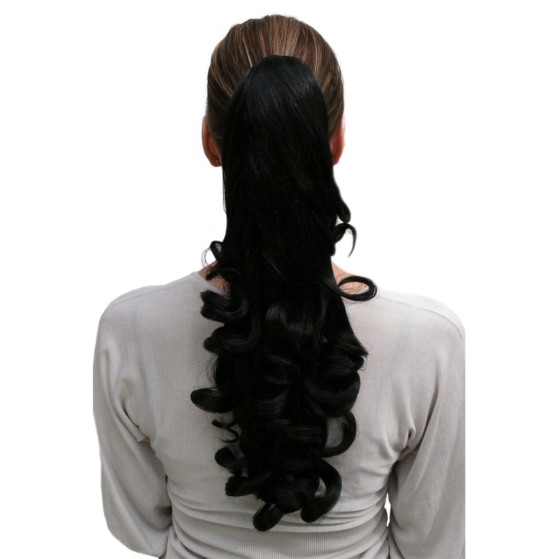 Hairpiece Ponytail extension medium length slightly curled off black NC-19-2