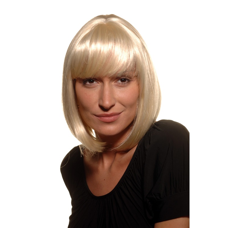 Lady women wig short straight Long Bob fringe bangs platinum blonde 7803