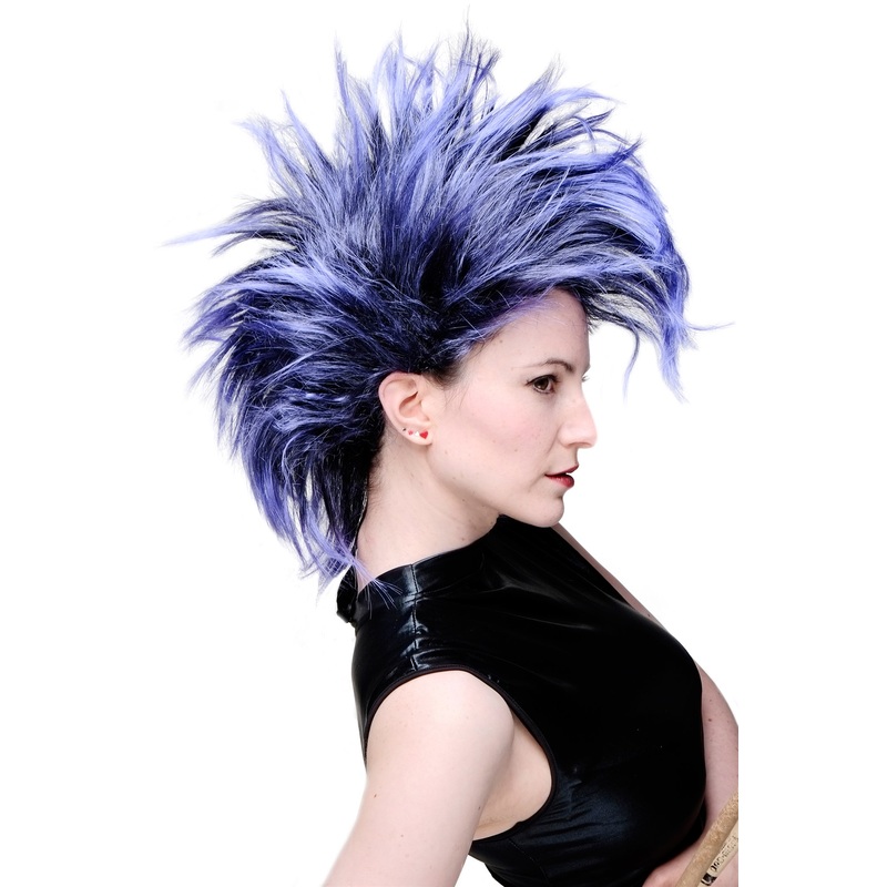 Party Wig men women teased up Mohawk 80’s Wave Glam Punk Black & Blue PW0078-1