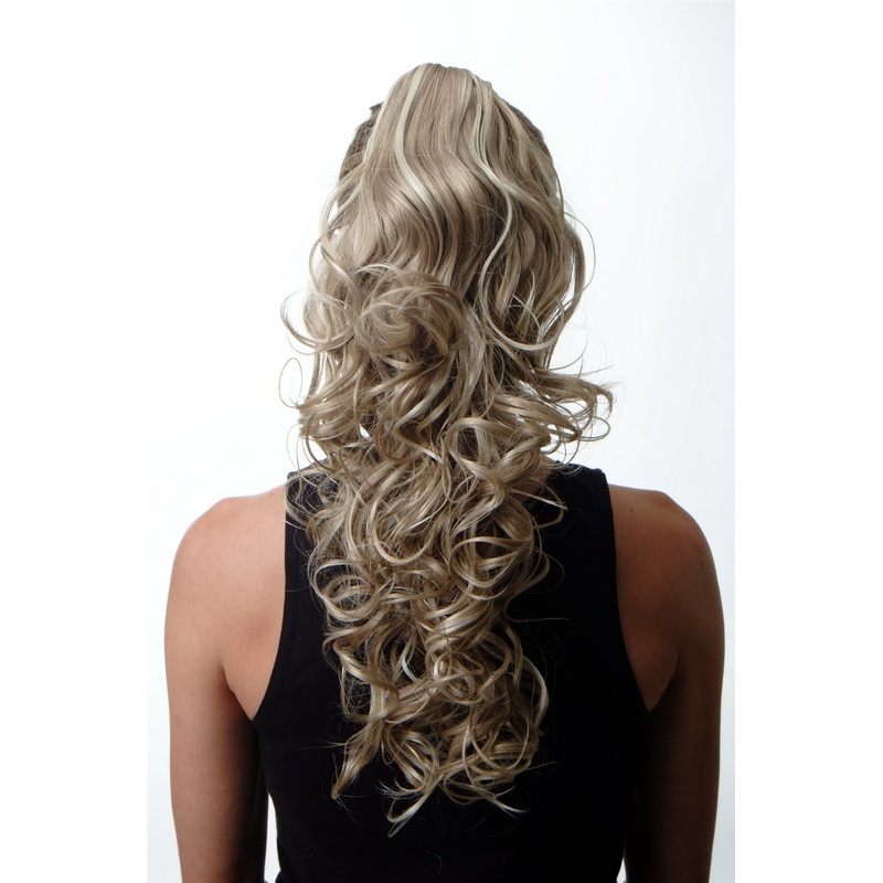Ponytail hairpiece extension long curled blond platinum highlights C-128