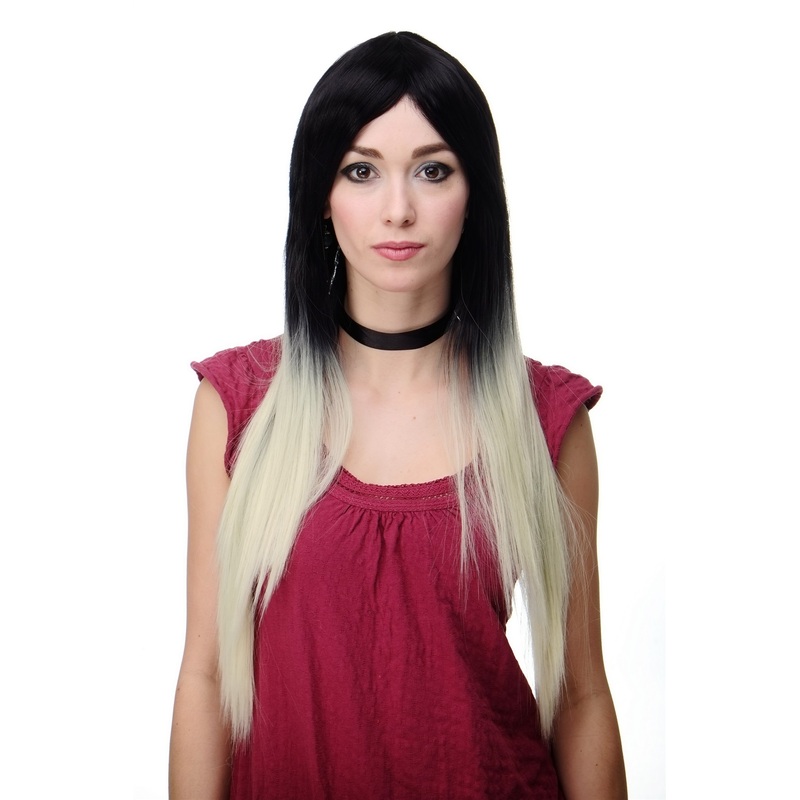Lady Wig extremely long Ombre Black Brown Platinum straight middle parting H9701
