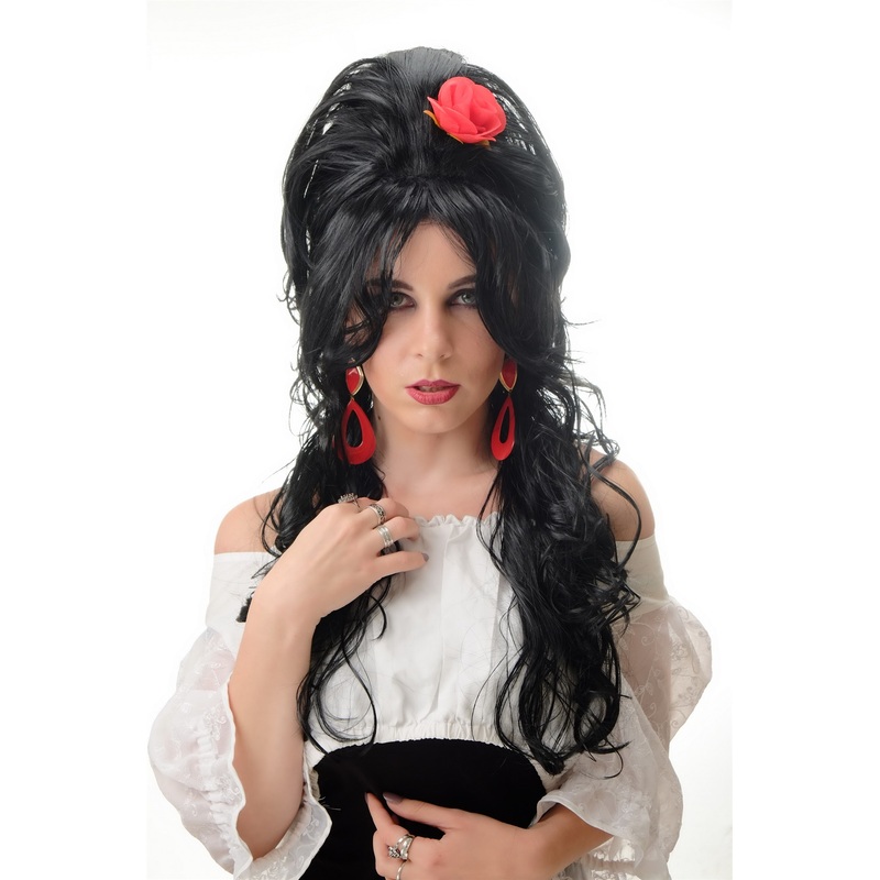 Lady Wig Halloween black Beehive Bun Carmen Countess Vampire Red Rose long curls PT0025