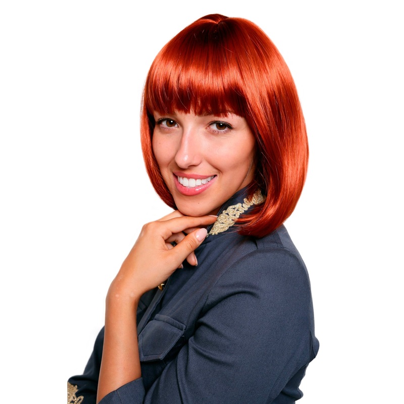 Lady women wig short straight Long Bob fringe bangs dark red 7803
