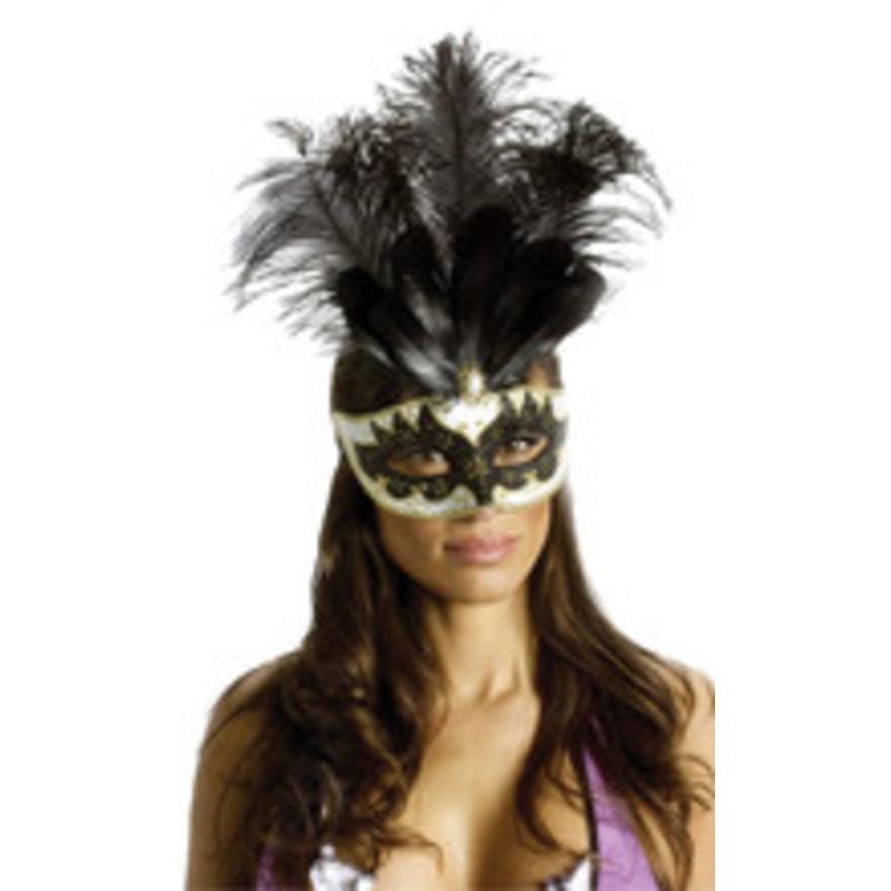 CARNIVAL MASK BIG FEATHR BK/GD