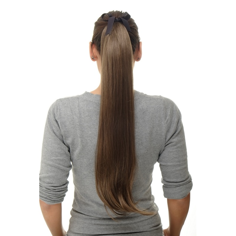 Hairpiece Ponytail comb & ribbon wrap-around long straight brown D13001