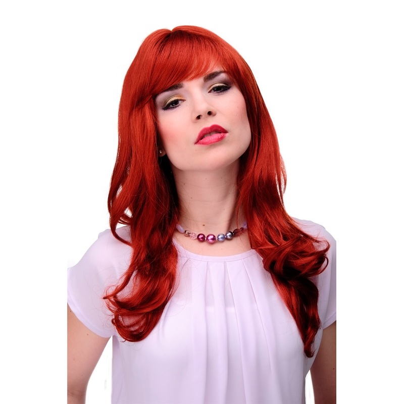 Lady women wig very long beautiful curling tips fringe bangs dark red 3001