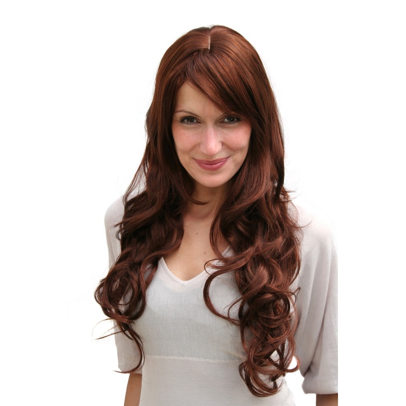 Lady women wig very long wavy long fringe for side parting brown red mix 9204S