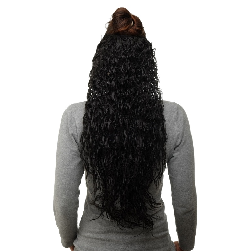 Half Wig Clip-In Extension very long curled curls oily wet-look off black H9311