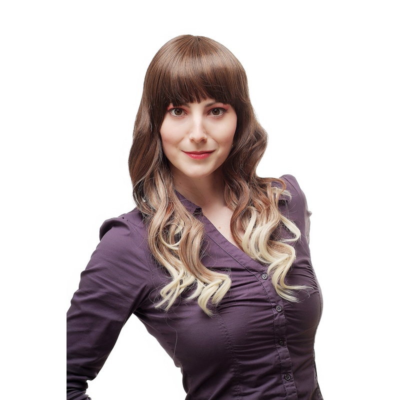 Lady Wig gorgeous wavy 3 hues brown & blond ombre platinum tips fringe bangs SA060