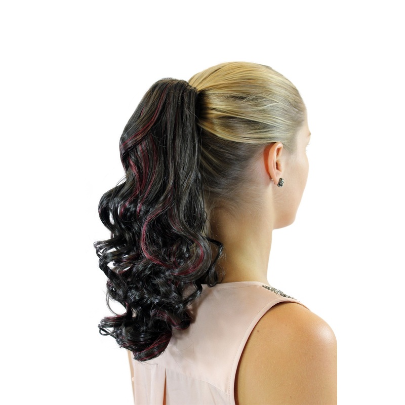 Ponytail Hairpiece medium length curled curls voluminous dark brown red highlights XF-0021