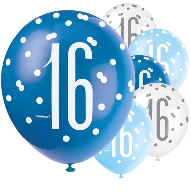 6 Blue Dots 16th Birthday balloons 30cm