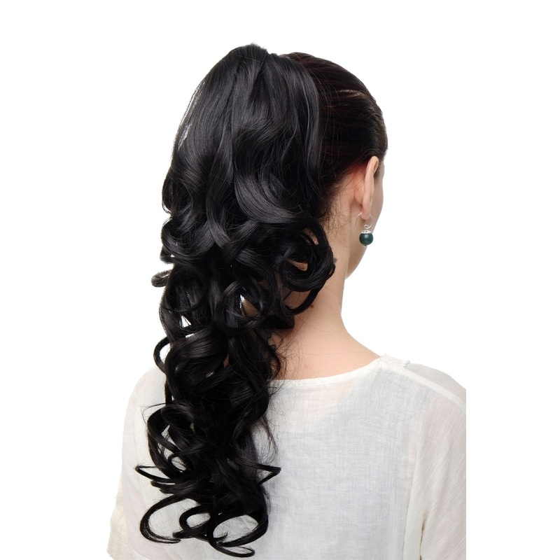 Hairpiece Ponytail very long wavy slightly curled curls dark brown SA09-3